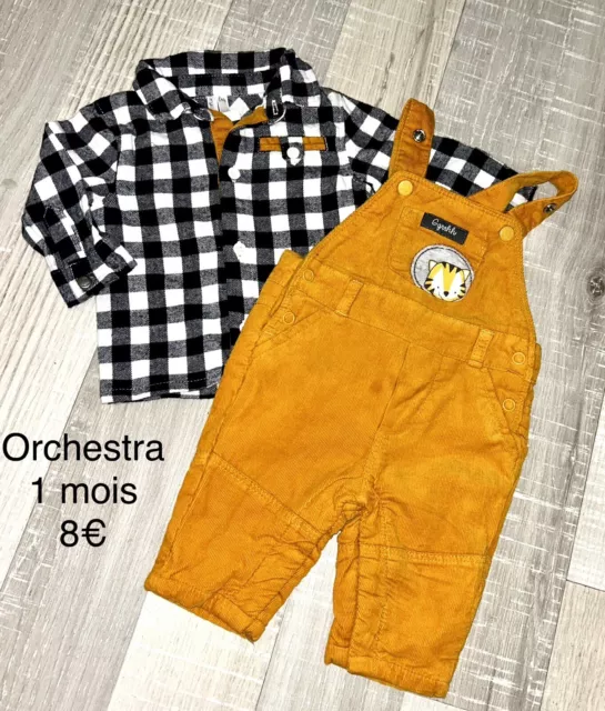 Orchestra 1 MOIS GARÇON  : ENSEMBLE 2 PIECES Salopette Velours + Chemise TBE