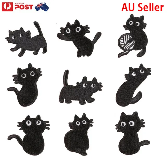 AU STOCK 9pcs Cute Black Cat Theme Patch IRON ON Sew on Embroidery Patch DIY