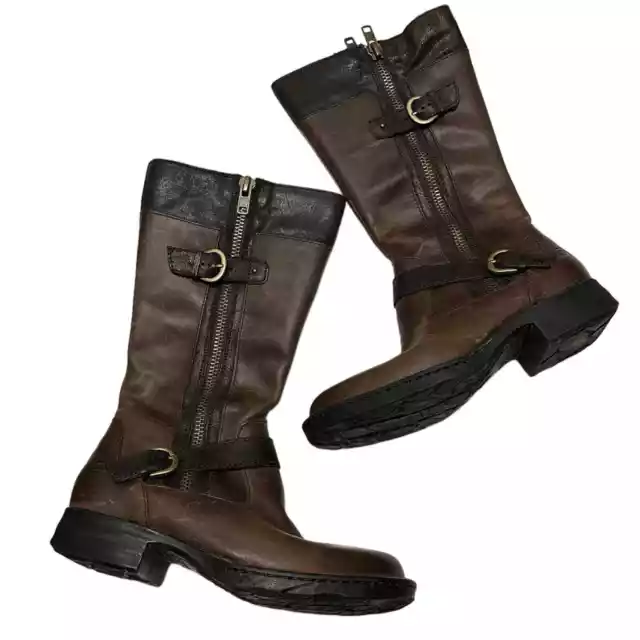 Born Kendall Biker Boots Brown Leather Buckle Zipper Accent, Size 7