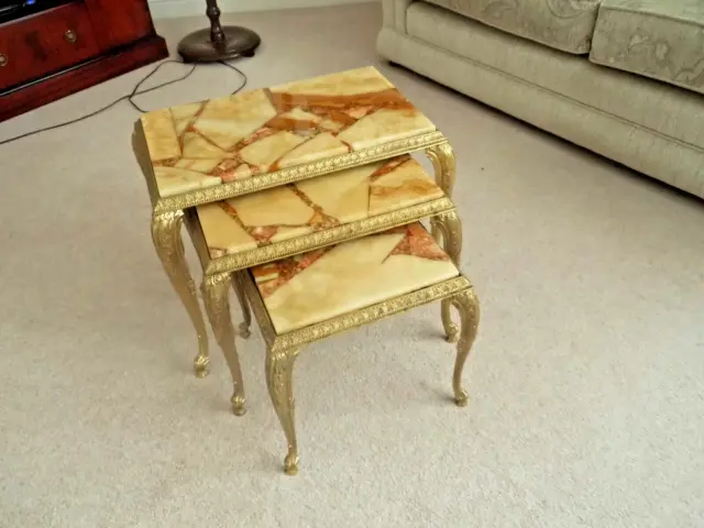 Onyx And Brass Nest of Tables /  Coffee / 3 Piece / Marble