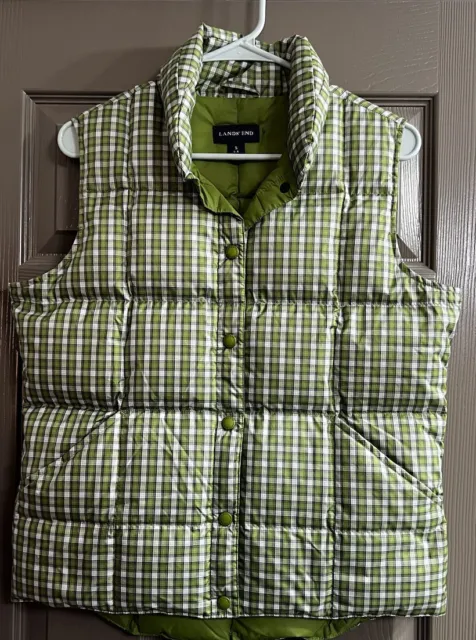 Lands' End Womens Plaid Puffer Vest Jacket Coat Size S 6-8 Green White Snaps Up