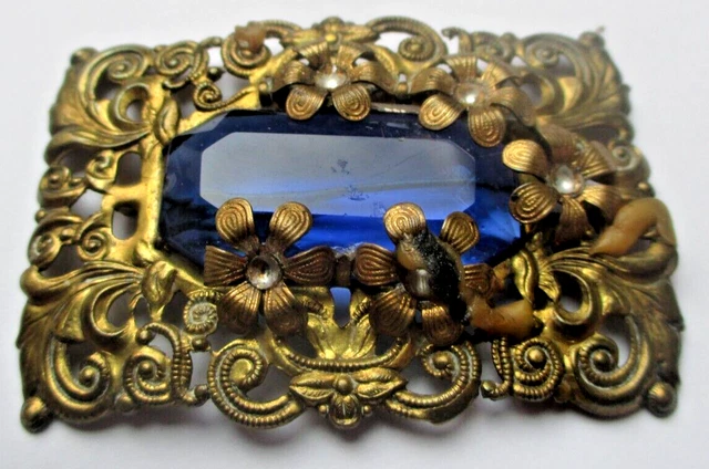 Broche Vintage En Métal Doré Avec Cabochon Topaze à Facettes | Bijou Ancien - Parfait État | Occasion