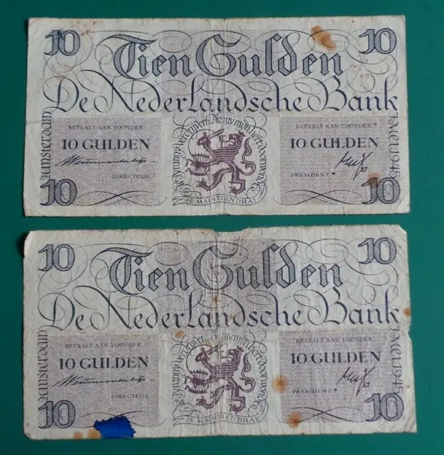 Netherlands, 2 matching design, 10 Gulden Banknotes, 7.5.1945. Both Pick # 74.