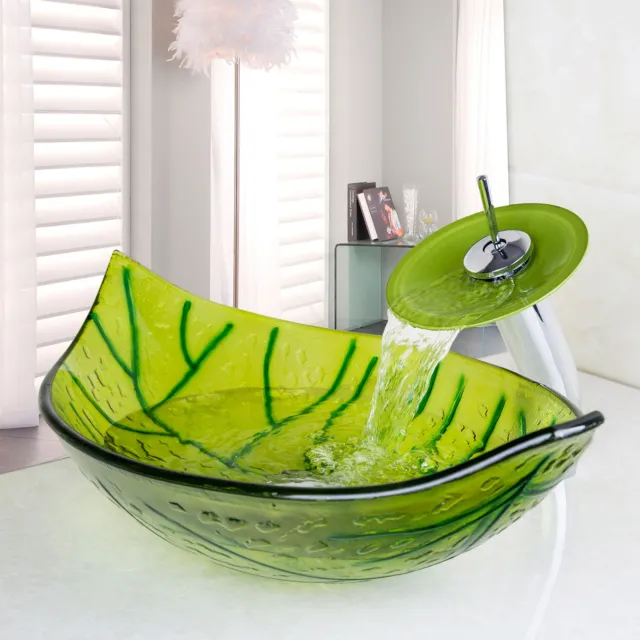 US Bathroom Vessel Sink Leaf Tempered Glass Deck Mount Bowl Waterfall Mixer Taps