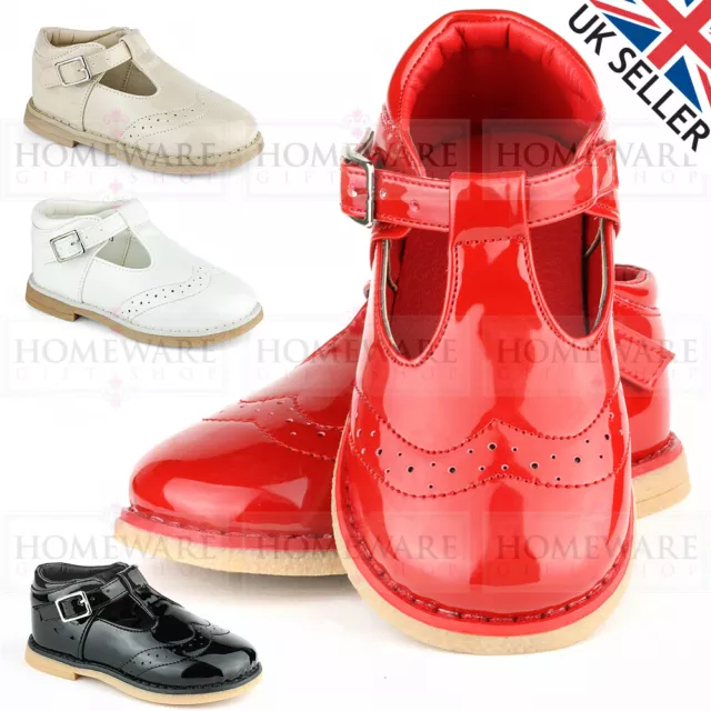 Spanish Style Tbar Shoes Baby Girls Shiny Patent Shoes Red White Black Uk4 Uk8