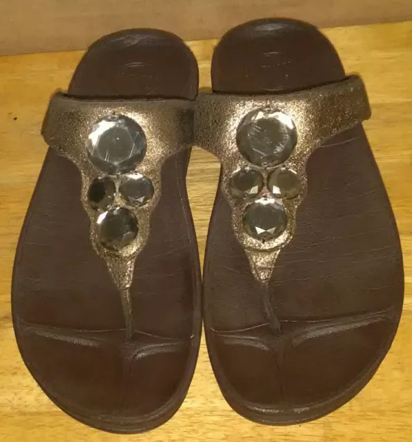 FitFlop Lunetta Womens Thong Sandals Crackle Bronze Leather Stone. Size 8