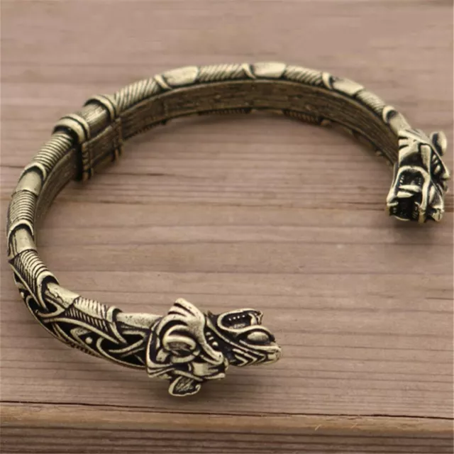 Men's Norse Viking Alloy Wolf Head Cuff Bracelet Bangle Amulet Jewelry Arm Ring 2