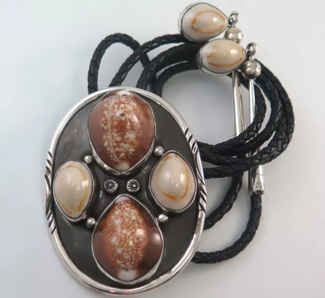 XL Sterling Silver Sensational Cowrie Shell Inlay Bolo Tie Custom Dangling Tips