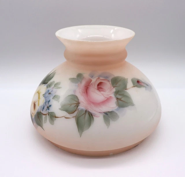 VTG 6.5 In Fitter Peach Pink Milk Glass With Hand Painted Roses Hurricane Shade 2