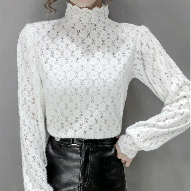 Chemisier Femme Dentelle Rétro à Manches Bouffantes - Motif Floral Noir - Taille Unique