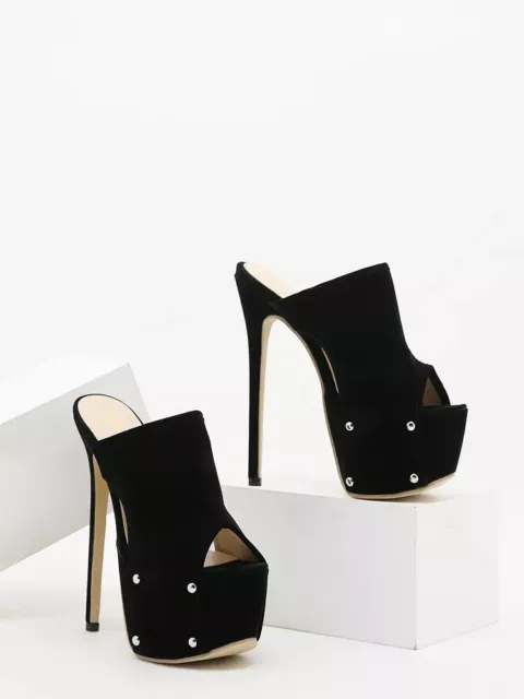 Sandales Chaussons Sabot Platform Femme Talon 16 CM Noir Cuir Synthetique CZ697