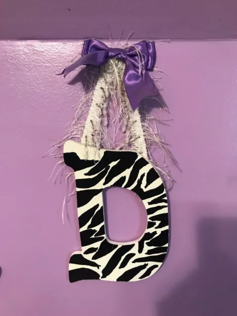 Wood Zebra Print Hand Painted Letter D Custom Wall Hanging Beaded Purple Initial