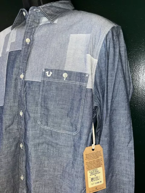 NWT New $168 TRUE RELIGION Single Pocket Patchwork Chambray Denim L/S Shirt-M