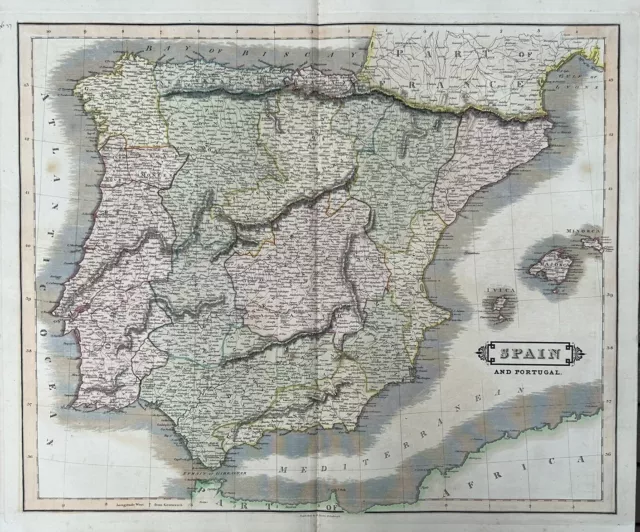 1828 Spain & Portugal by Daniel Lizars Large Hand Coloured  Antique Map