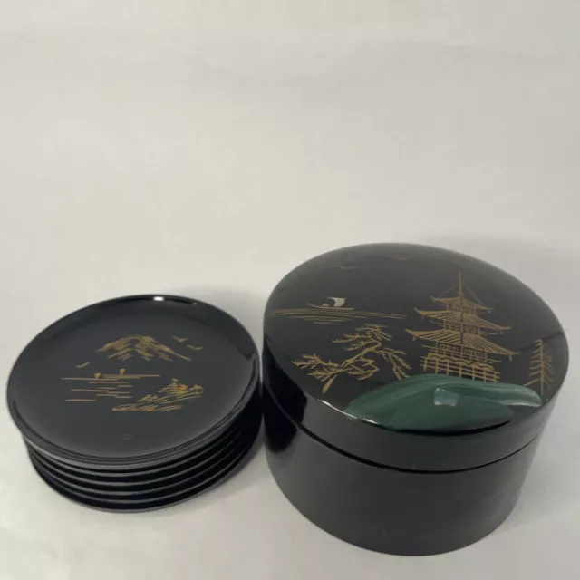 Vintage Japanese set of 6 Laquered Coasters in Laquered Box Gold Black