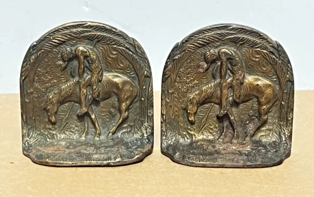 Antique Pair Cast Iron  "End of The Trail" Figural Bookends 1920s-30s
