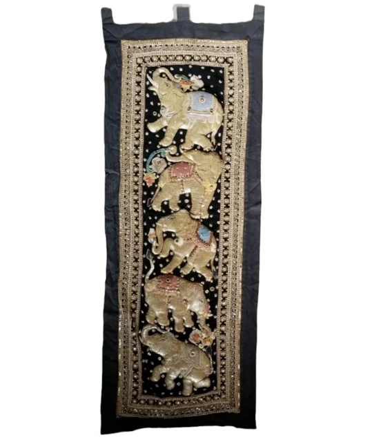 Vintage Kalaga Tapestry ELEPHANTS Embroidered Wall Art Asian Burmese Thai India