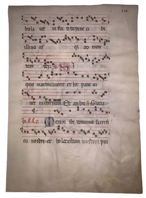 EARLY 1600's, ILLUMINATED MANUSCRIPT ANTIPHONAL LEAF ON VELLUM, MUSIC, 18" x 13"