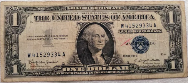 One Dollar Bill - $1 - Series 1957 B Washington D.C Blue Seal - 1610