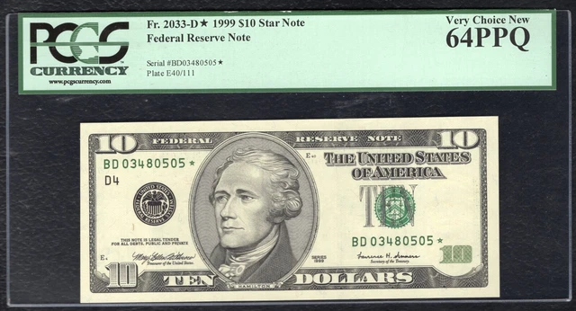 Fr 2033-D* 1999 $10 *Star* Federal Reserve Note Cleveland, Oh Pcgs Unc-64Ppq.