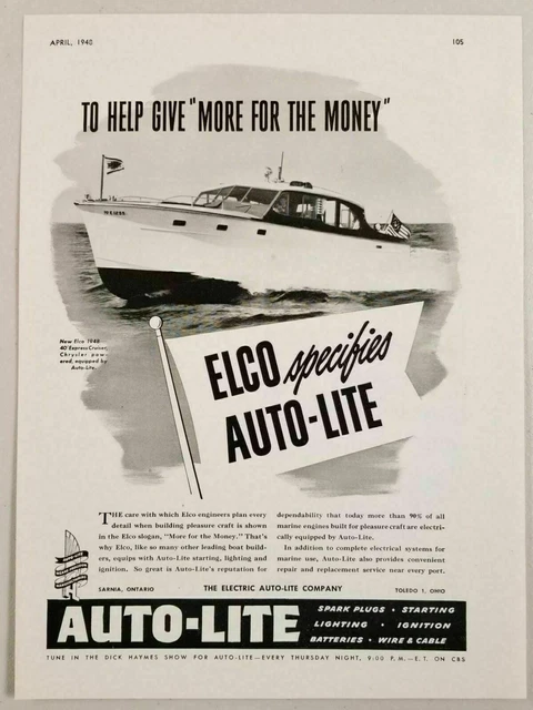 1948 Print Ad Elco 40' Express Cruiser Boats Auto-Lite Spark Plugs