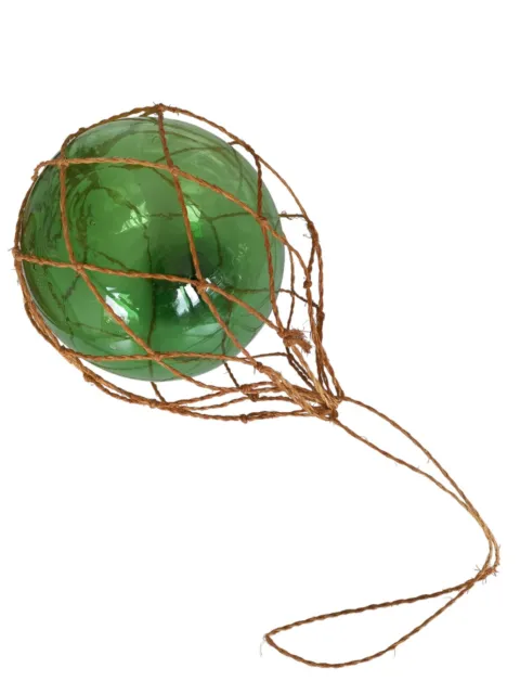 Vintage Green Glass Fishing Float Buoy Hand-Blown Glass Jute String Netting