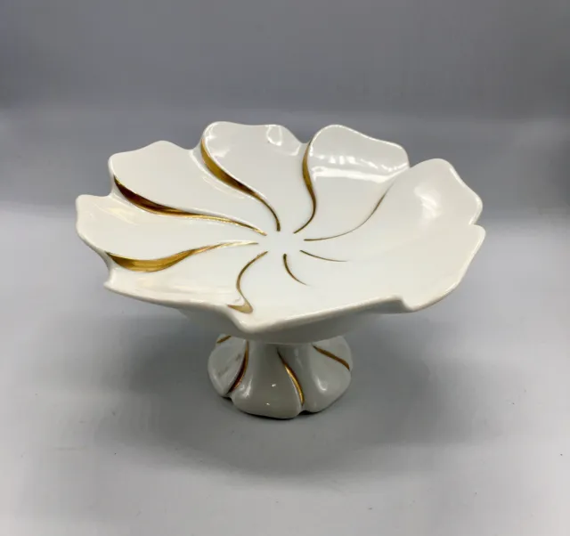 VTG Art Deco White Porcelain with Gold Accents, Flower Petal Pedestal Dish 7x4”
