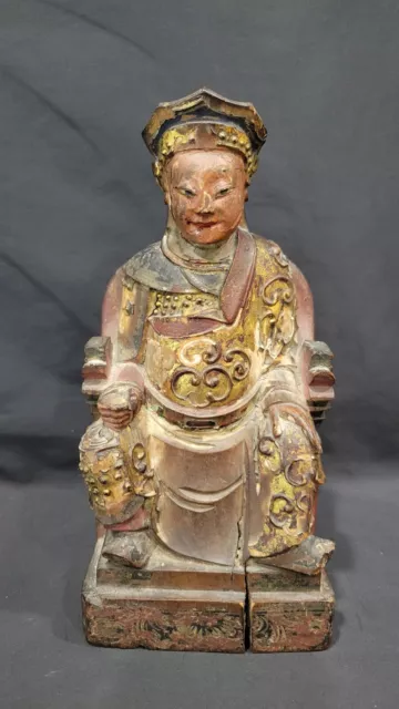 Antique 19th century Chinese Painted Wood Sculpture of a Guardian, 9 1/4"