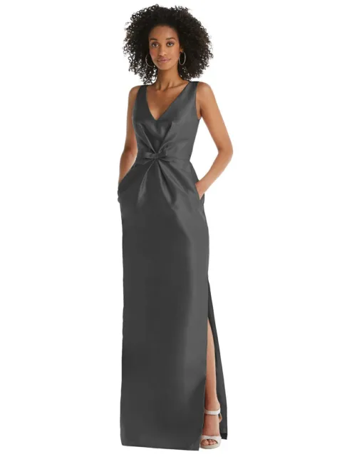 Alfred Sung 810....Satin Maxi Pencil Dress, Bow Detail...Pewter...Sz 2...NWT