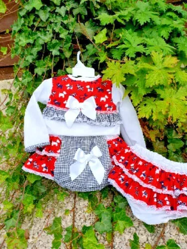 6-12 MONTHS Baby Girls Spanish blouse and frilly jam pants red dogs outfit set