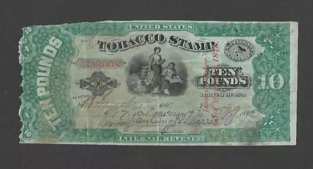 U.s. 1875 Revenue Tax Paid Stamp For 10 Pounds Tobacco, Springer Cat. # Tf113C
