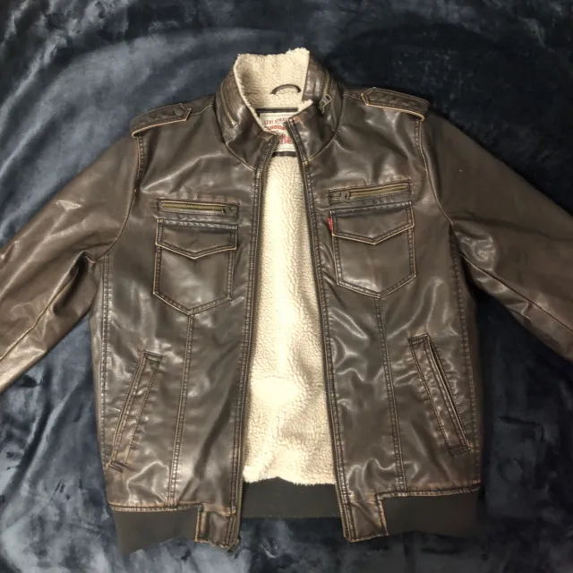 Levi Strauss & Co Men's Leather Fleece Lining Jacket Black Aviator Bomber Size M