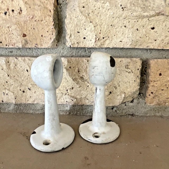 2 VTG Porcelain Iron BATHROOM Towel Rod Holder Brackets Antique Hardware Rustic