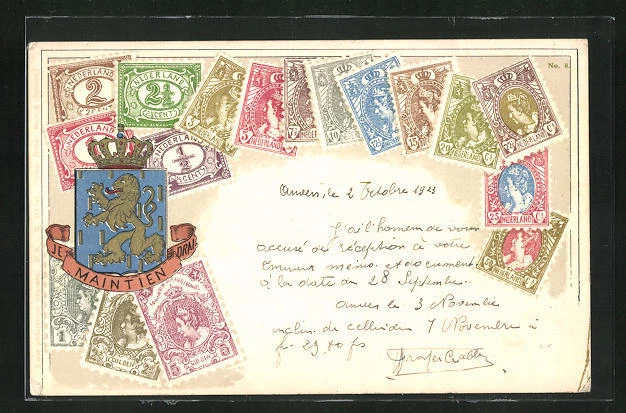 Künstler-AK Nederland, Briefmarken und Wapppen