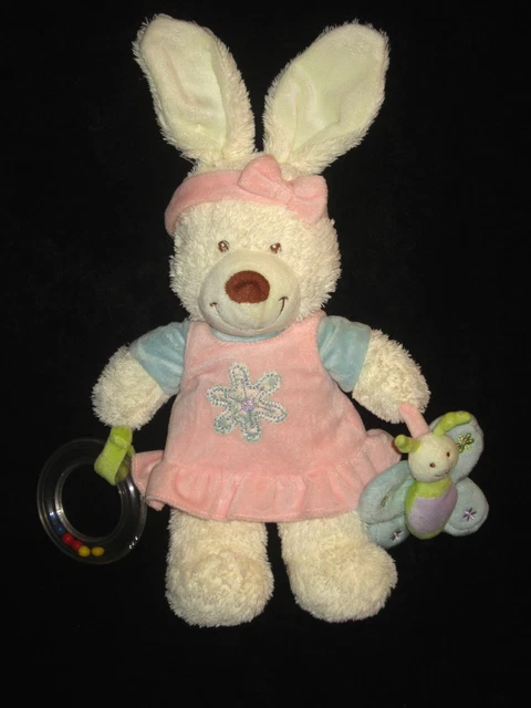 Doudou Hochet Lapin écru en robe rose bleu Tex Baby Carrefour papillon 36 cm