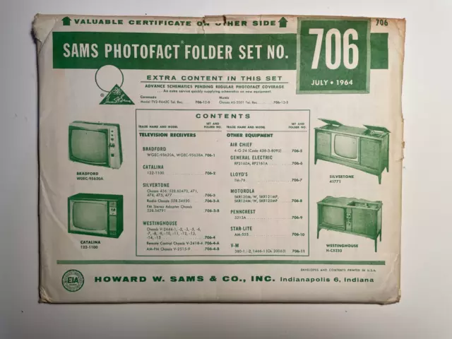 Sams Photofact Folder Set No. 706 July 1964 Manual Schematics