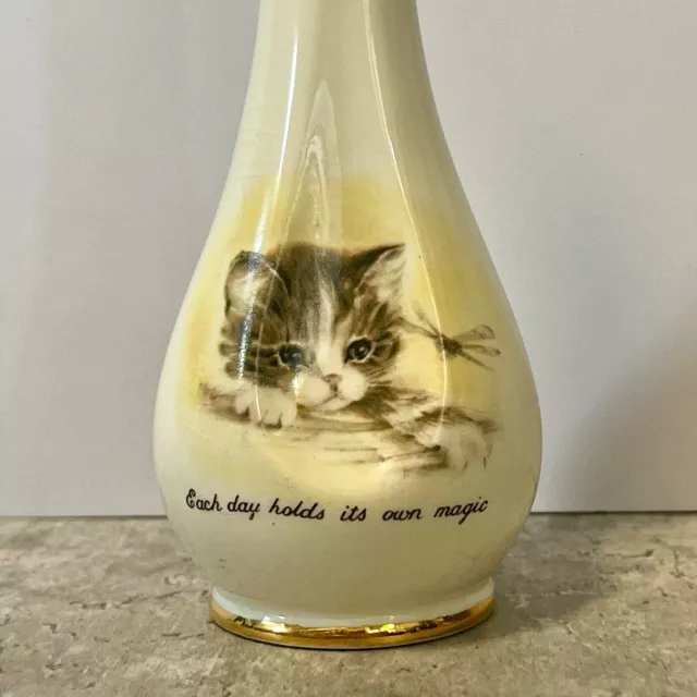 Vintage Bud Vase Pottery Crown Devon S Fielding Kitten Cat Quote Kitsch 7" 1960s