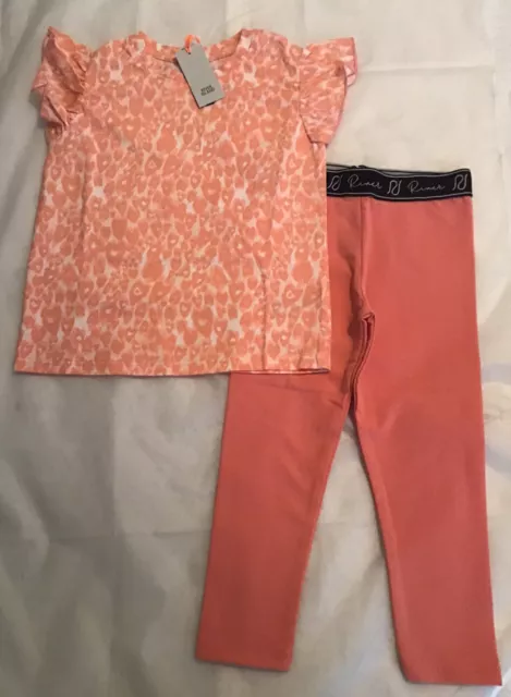 River Island Mini Girls Aged 2-3 Years Coral Leopard Print Frilly T-shirt Set BN