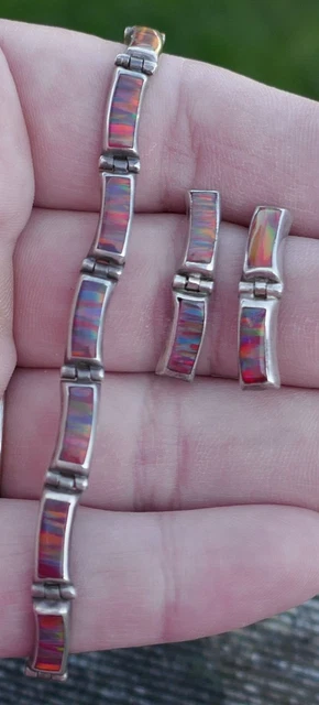 Vintage Mexico 950 Fine Silver & Ammolite Bracelet & Dangle / Drop Earring Set