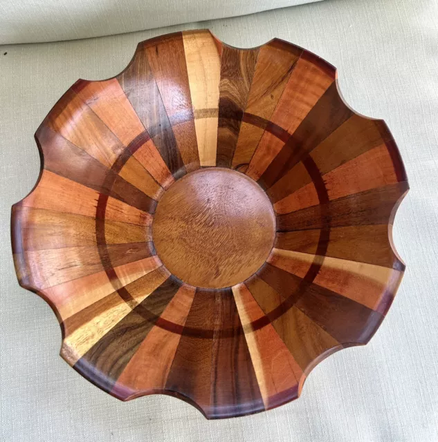 Artisan Crafted Bowl Wooden Marquetry Centerpc. Fruit Console Varied Grains MCM