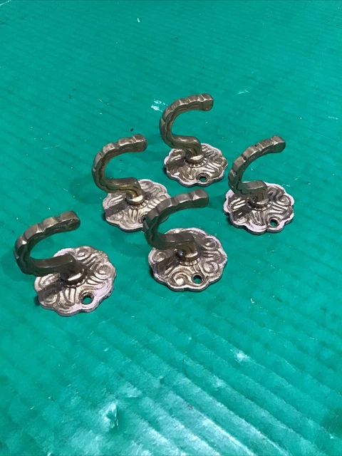 Lot of 5 VTG Brass Ornate Small Hook  Wall Decor Shabby  Coat Robe Towel Reclaim