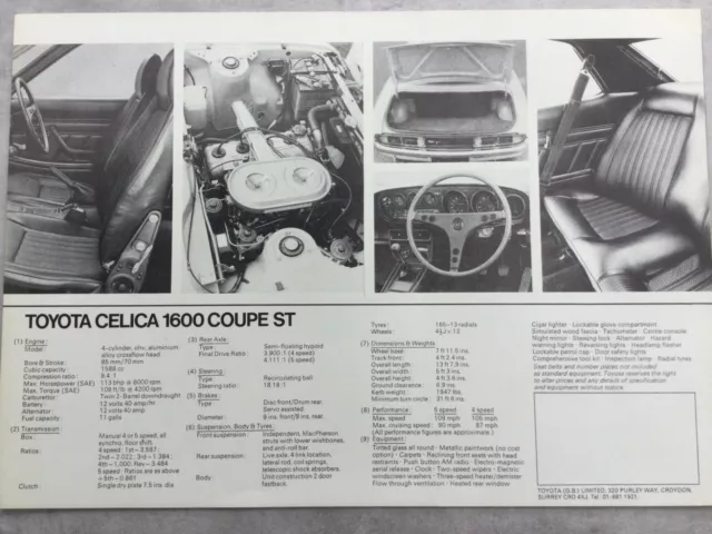 Toyota Celica 1600 Coupe ST UK Market Car Sales Brochure - 1973 2