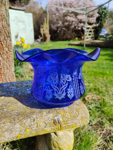 Bristol Blue Etched Glass Oil Lamp Shade