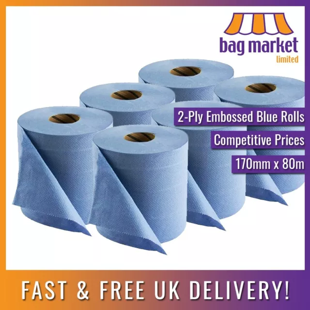 6X Extra-Grande 2-Ply Centre-Feed Azul Rollos 80m Papel Toalla/ Gimnasio/ Tela /