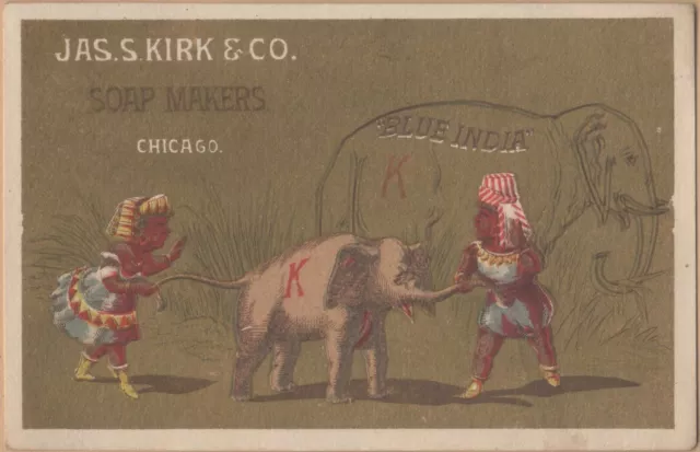 Victorian Trade Card-Blue India Soap-J S Kirk & Co-Soaps-Chicago-IL-Elephants