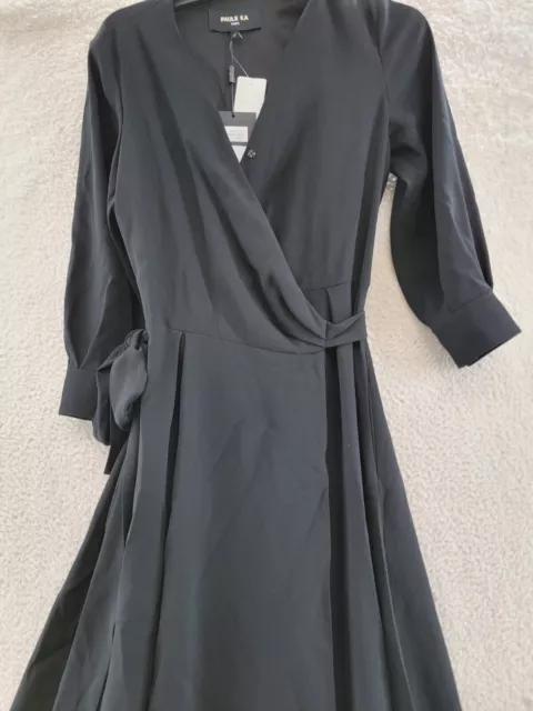 Paule Ka Satin-Back Crepe Evening Gown Women's 36 Black Front Snap 3/4 Sleeve 2