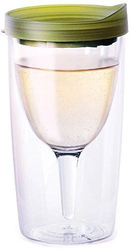 Acrylic Wine Tumbler Wine Walk  Insulated Double Wall Slide Lid Green 10 oz