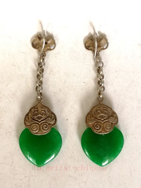 Collection Chinese Tibet Silver Jadeite Jade Inlay Carving Bat Earrings Pendant 3