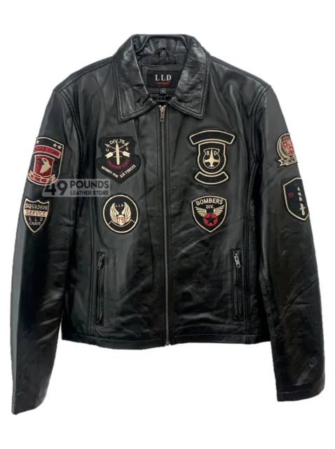 Mens Biker Style Real Leather Jacket Black Badges Jet Fighter Pilot Jacket LD-75