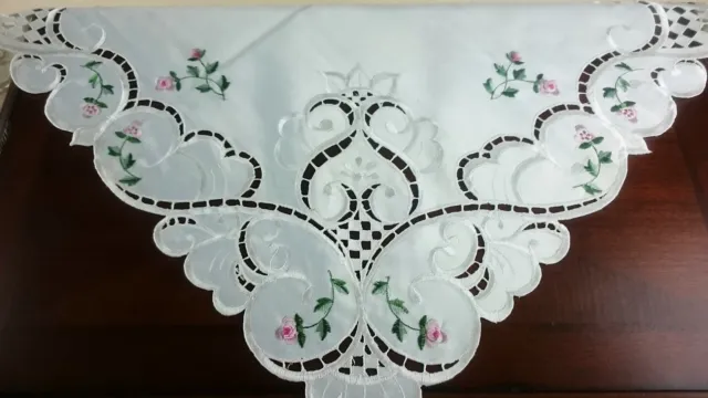 Handmade Rose Bud Embroidered Ivory Tablecloth 33" Square End Side Table Cover
